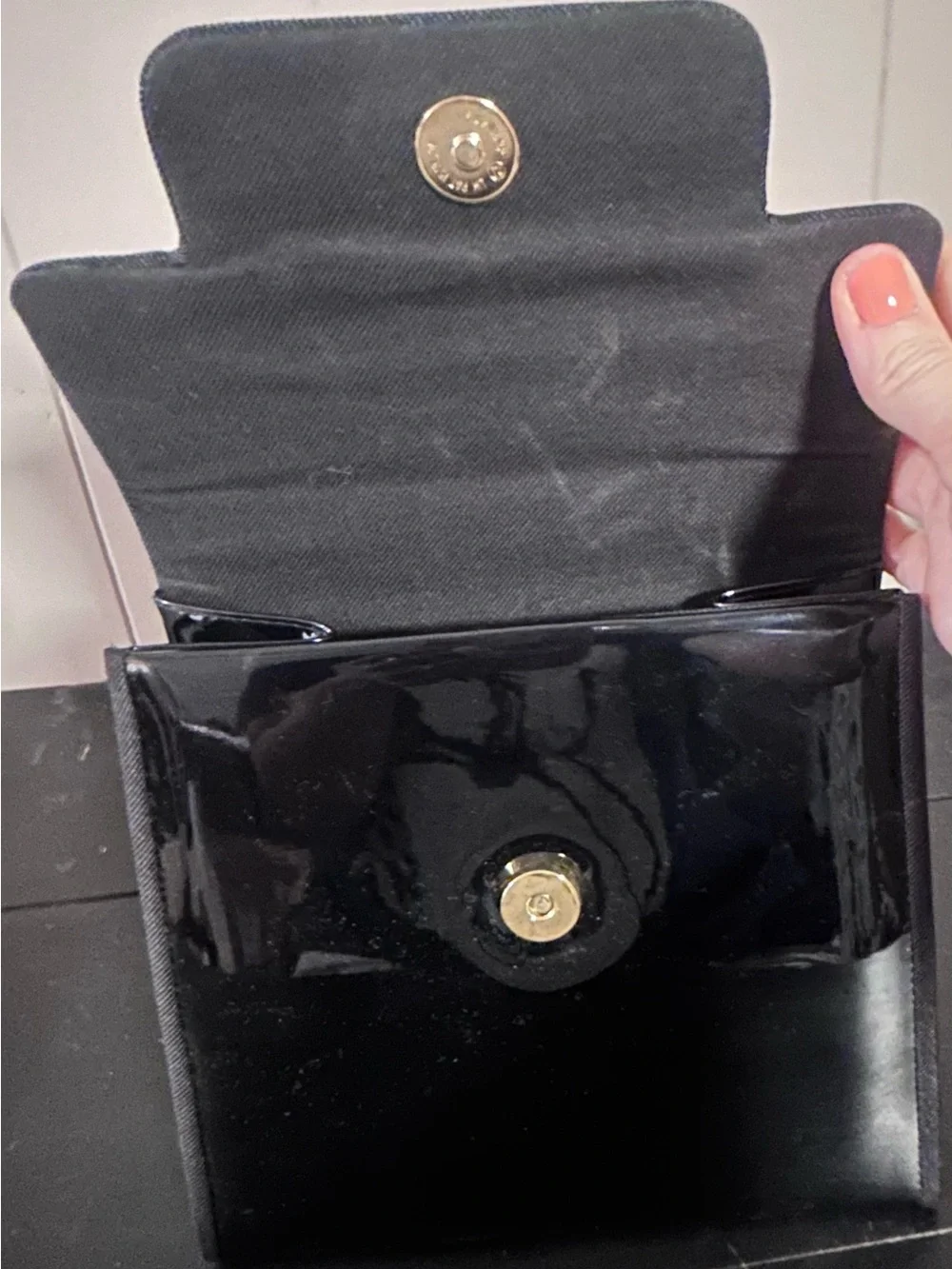 Black Patent Top-Handle Bag with Bamboo Accent